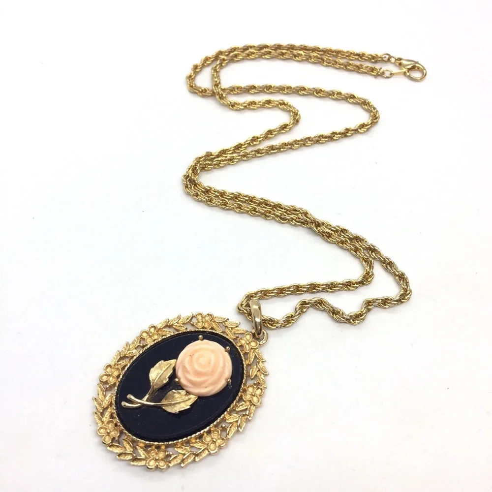 Vintage Gold and Black Necklace with Rose Pendant